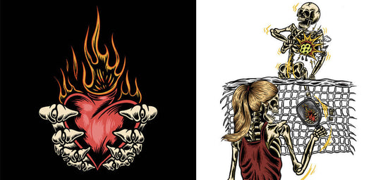 Play with Fire 'No Mercy' Mixed Doubles T-Shirt design featuring a flaming heart and skeletons playing Pickleball.