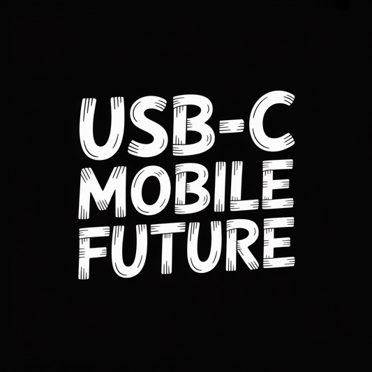 USB-C Mobile Future text on black background, highlighting innovative mobile technology trends.