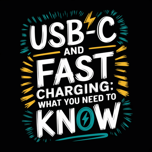 Text design showcasing 'USB-C and Fast Charging: What You Need to Know' with vibrant graphics on a black background.