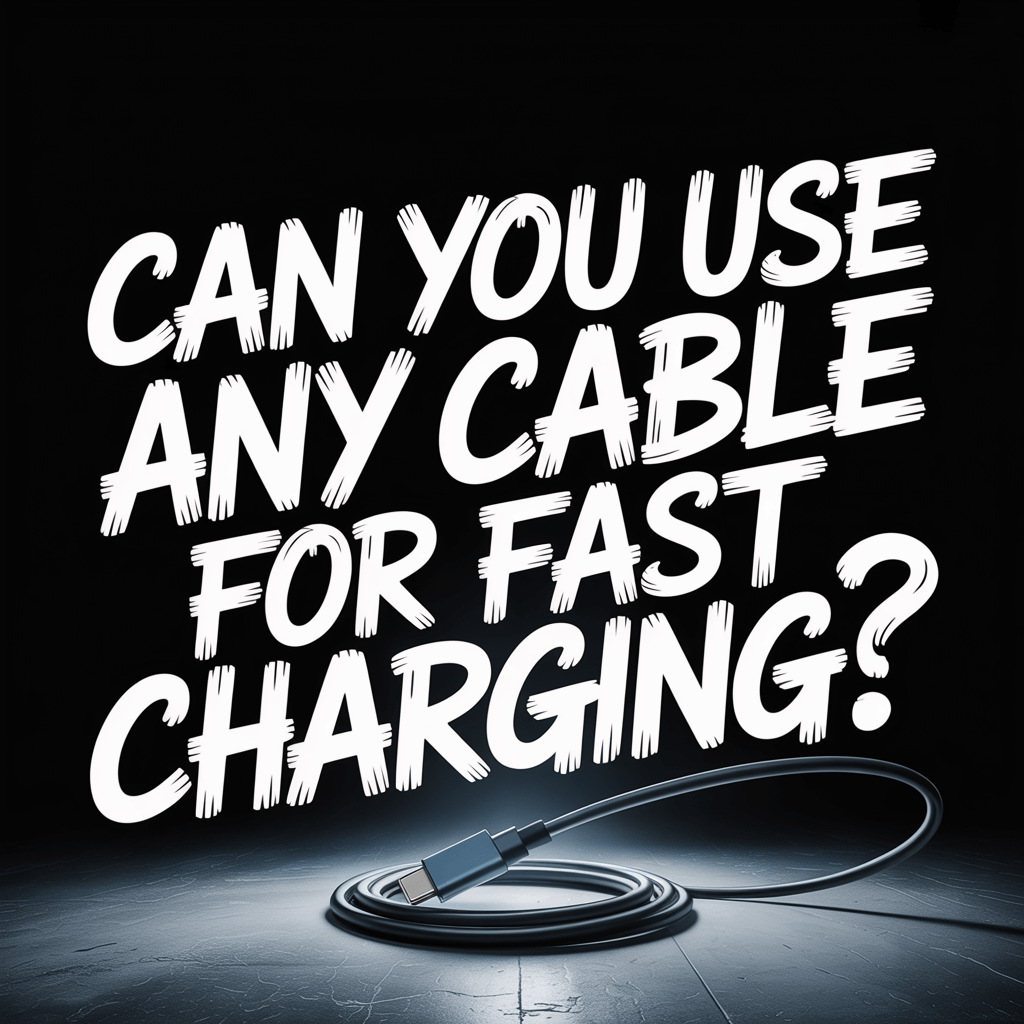 Text question about fast charging cables with an abstract cable graphic.