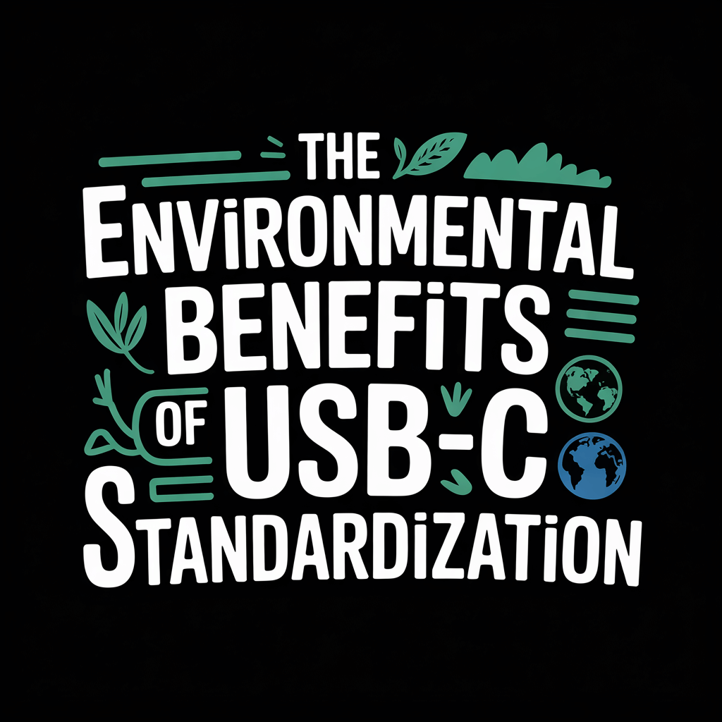 Text graphic highlighting the environmental benefits of USB-C standardization with Earth elements.