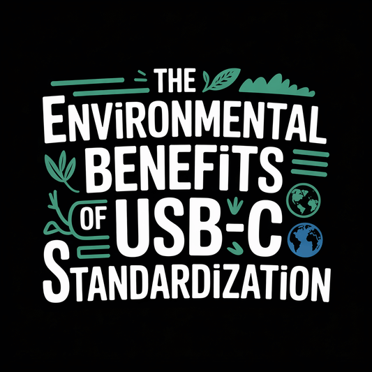 Text graphic highlighting the environmental benefits of USB-C standardization with Earth elements.