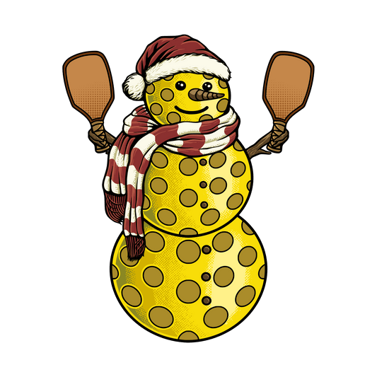 Pickleball Snowman wearing a Santa hat and scarf, holding pickleball paddles, symbolizing festive winter fun and sportsmanship.