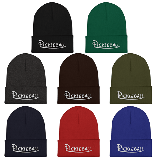Assorted pickleball embroidered cuffed beanies in various colors, perfect for style and warmth.