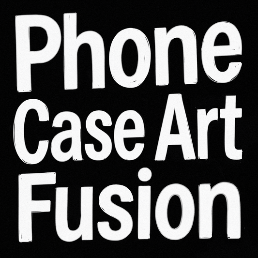 Bold text showcasing Phone Case Art Fusion theme on a black background.