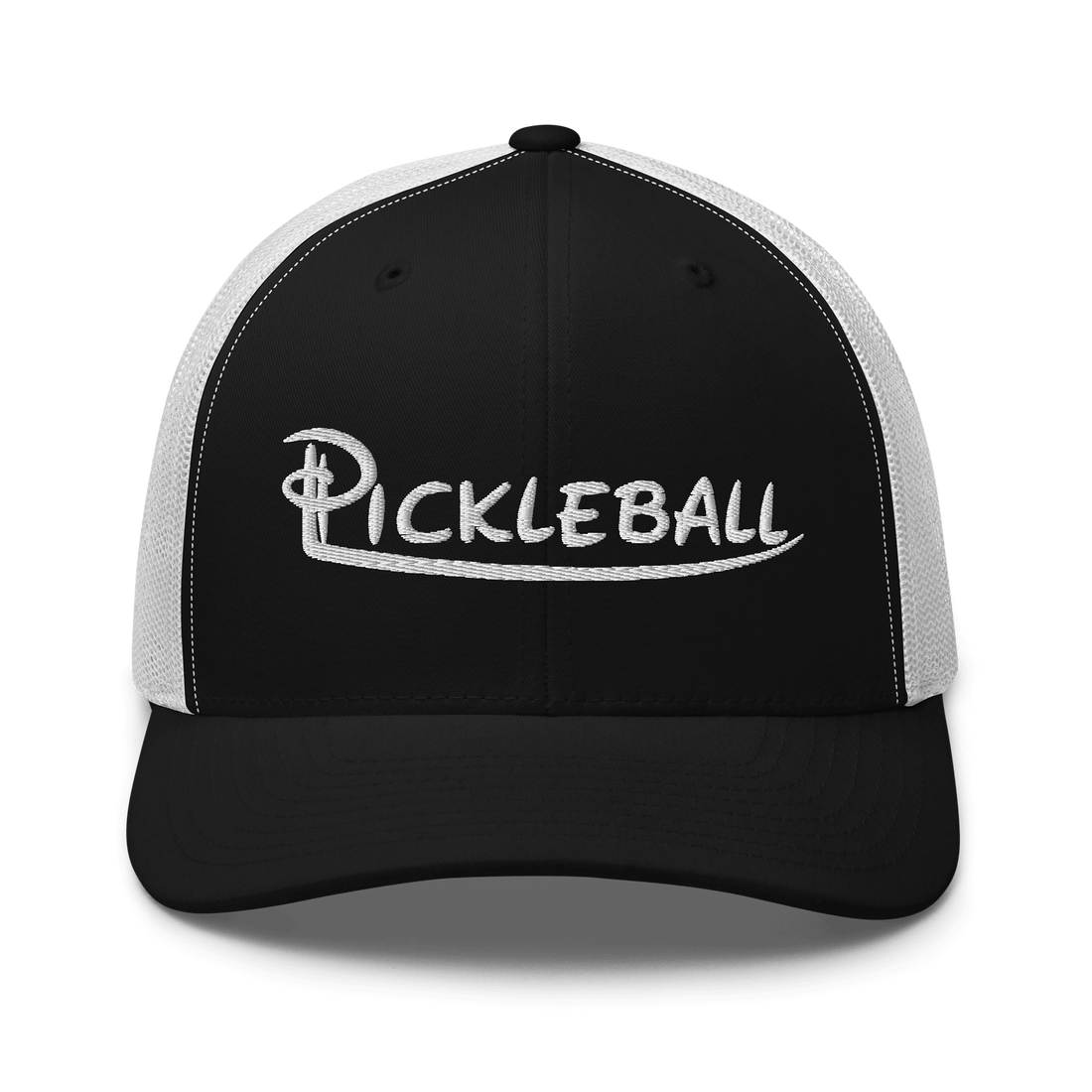 Pickleball embroidered trucker cap in black and white, showcasing stylish six-panel design for fashion and performance on the court.