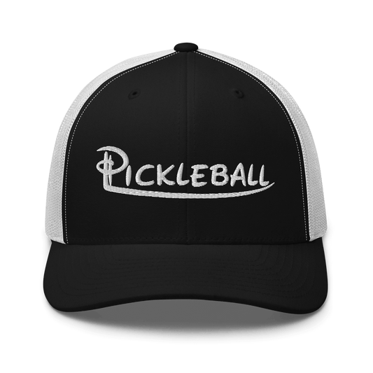 Pickleball embroidered trucker cap in black and white, showcasing stylish six-panel design for fashion and performance on the court.