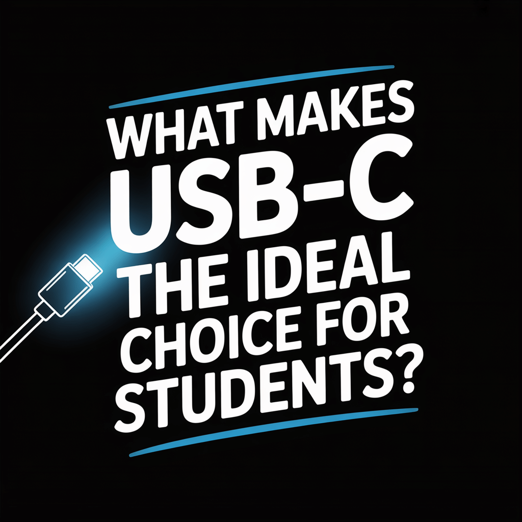 Text graphic asking, 'What Makes USB-C the Ideal Choice for Students?' with a USB-C connector illustration.