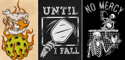 Pickleball apparel designs featuring flaming ball, paddle illustration, and skeleton players in action.