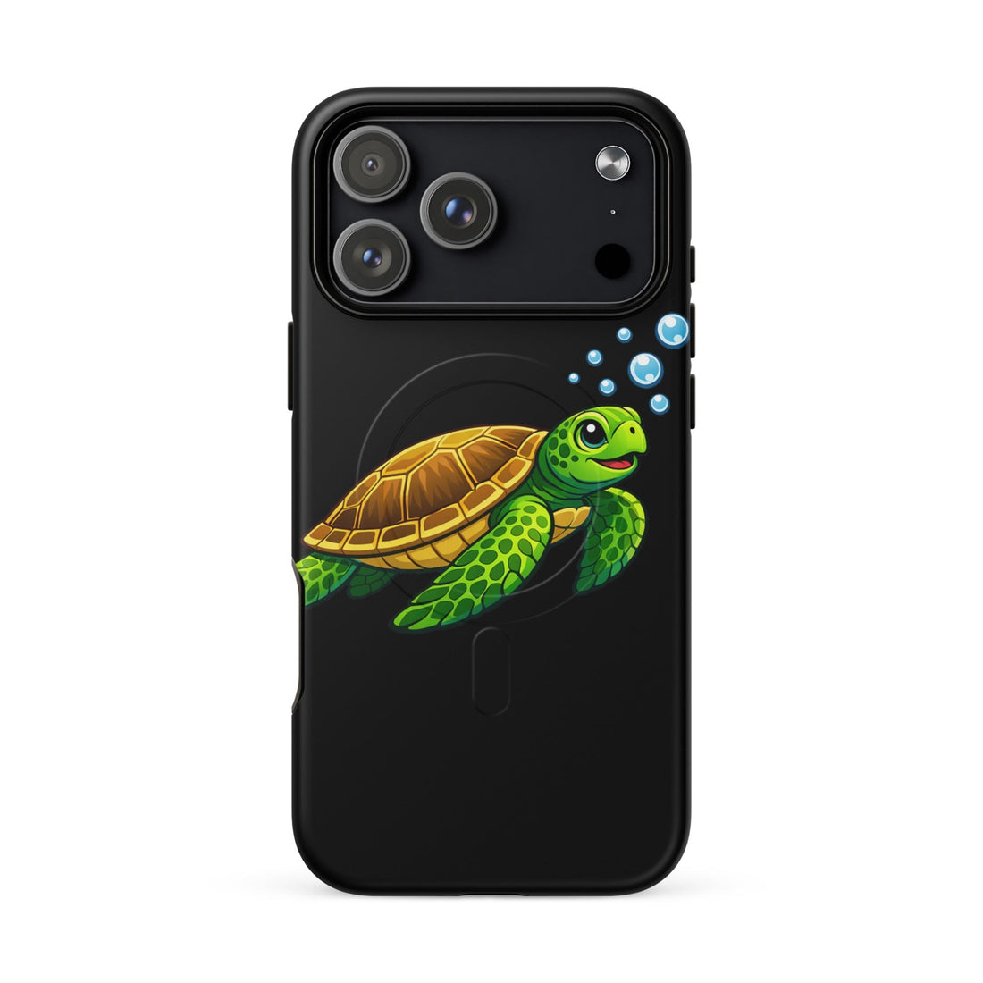 Colorful turtle design on a black phone case, perfect for ensuring wireless charging functionality.