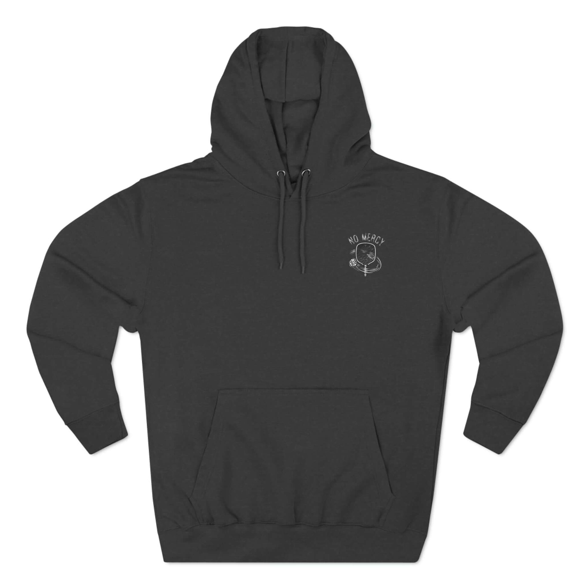 Black "No Mercy" Pickleball Series Three-Panel Fleece Hoodie displaying front design.
