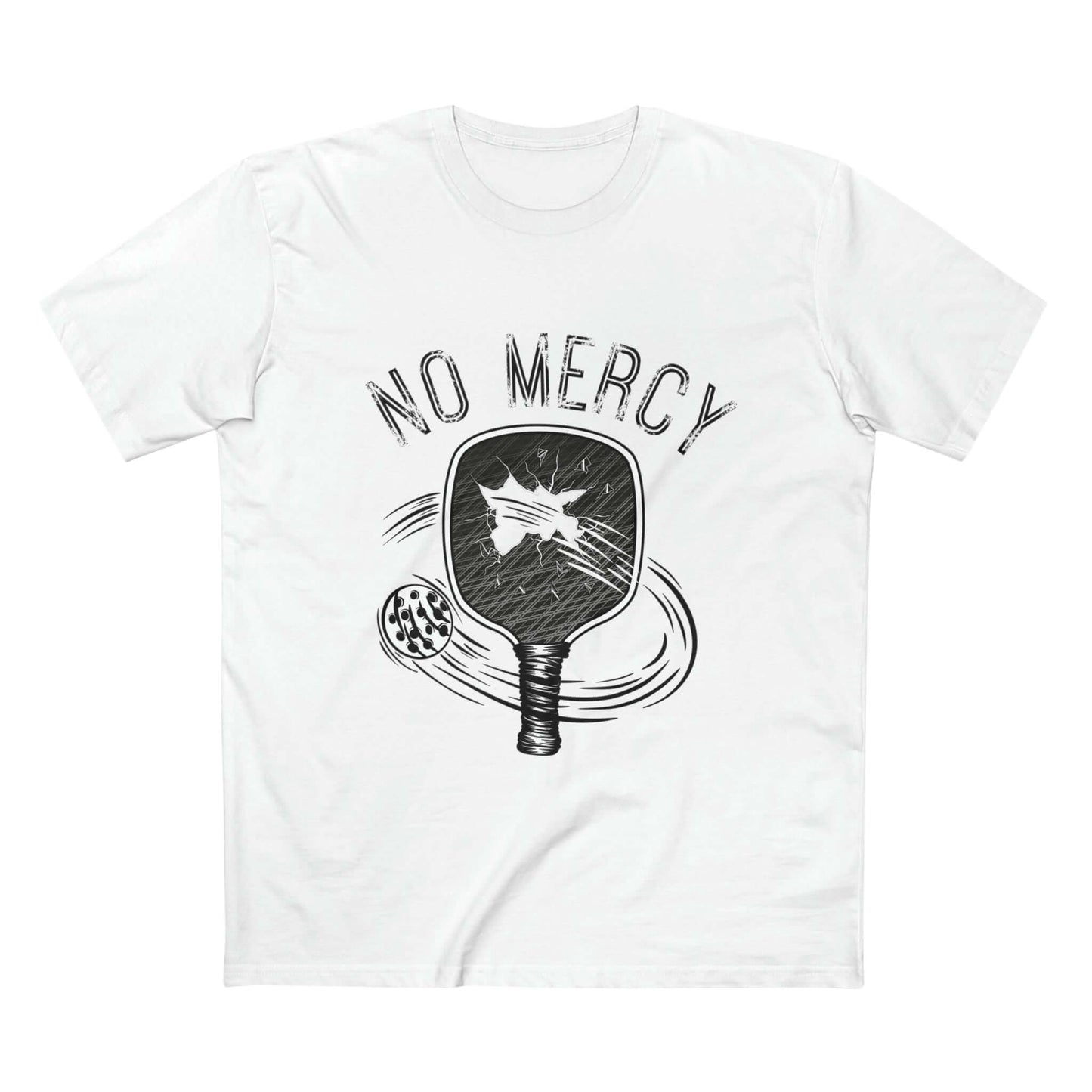 No Mercy Pickleball T-Shirt featuring paddle and ball design, perfect for competitive pickleball enthusiasts.