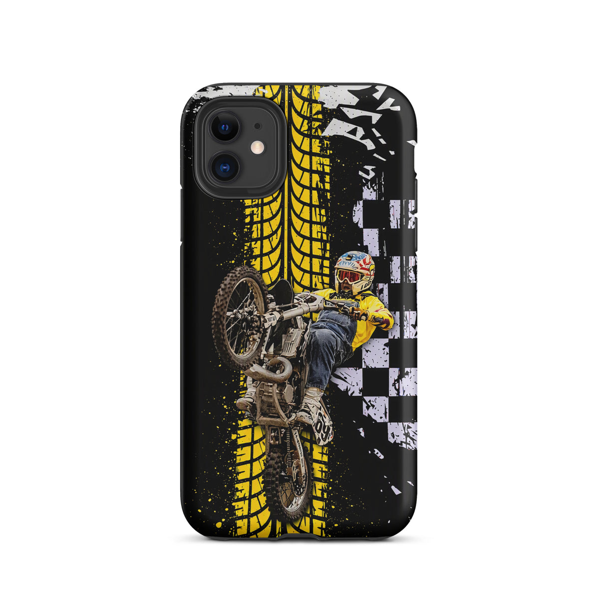 Phone Case for iPhone featuring Ronnie Mac air-wheelie design, black and yellow tire tread, checkerboard pattern, motocross style.