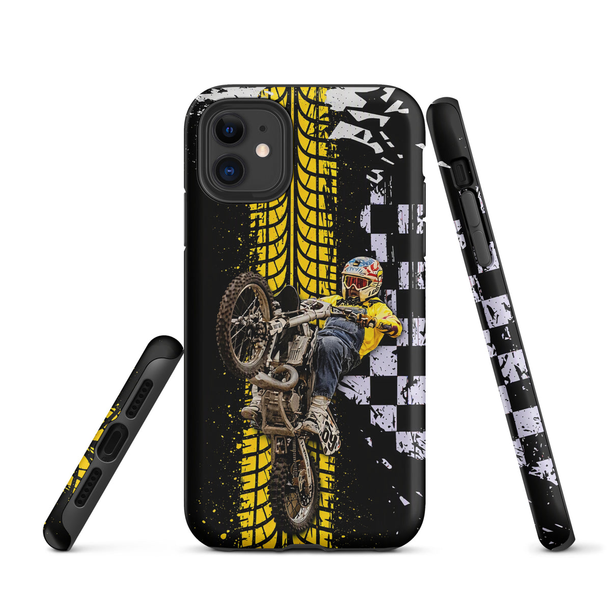 Phone Case for iPhone featuring Ronnie Mac air-wheelie design, black and yellow tire tread, checkerboard pattern, and motocross theme.