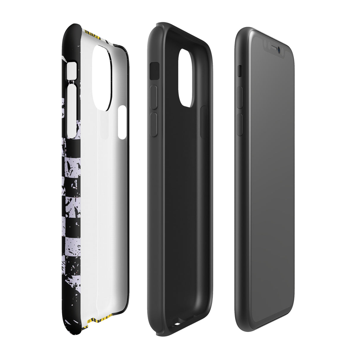 Phone Case for iPhone showcasing bold motocross design with Ronnie Mac air-wheelie and checkerboard pattern.