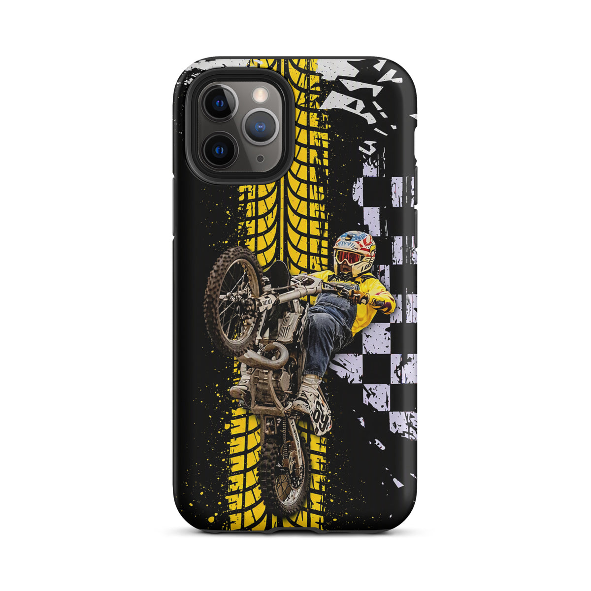 Phone Case for iPhone with Ronnie Mac air-wheelie design, featuring yellow tire tread, checkerboard pattern, and paint splatter