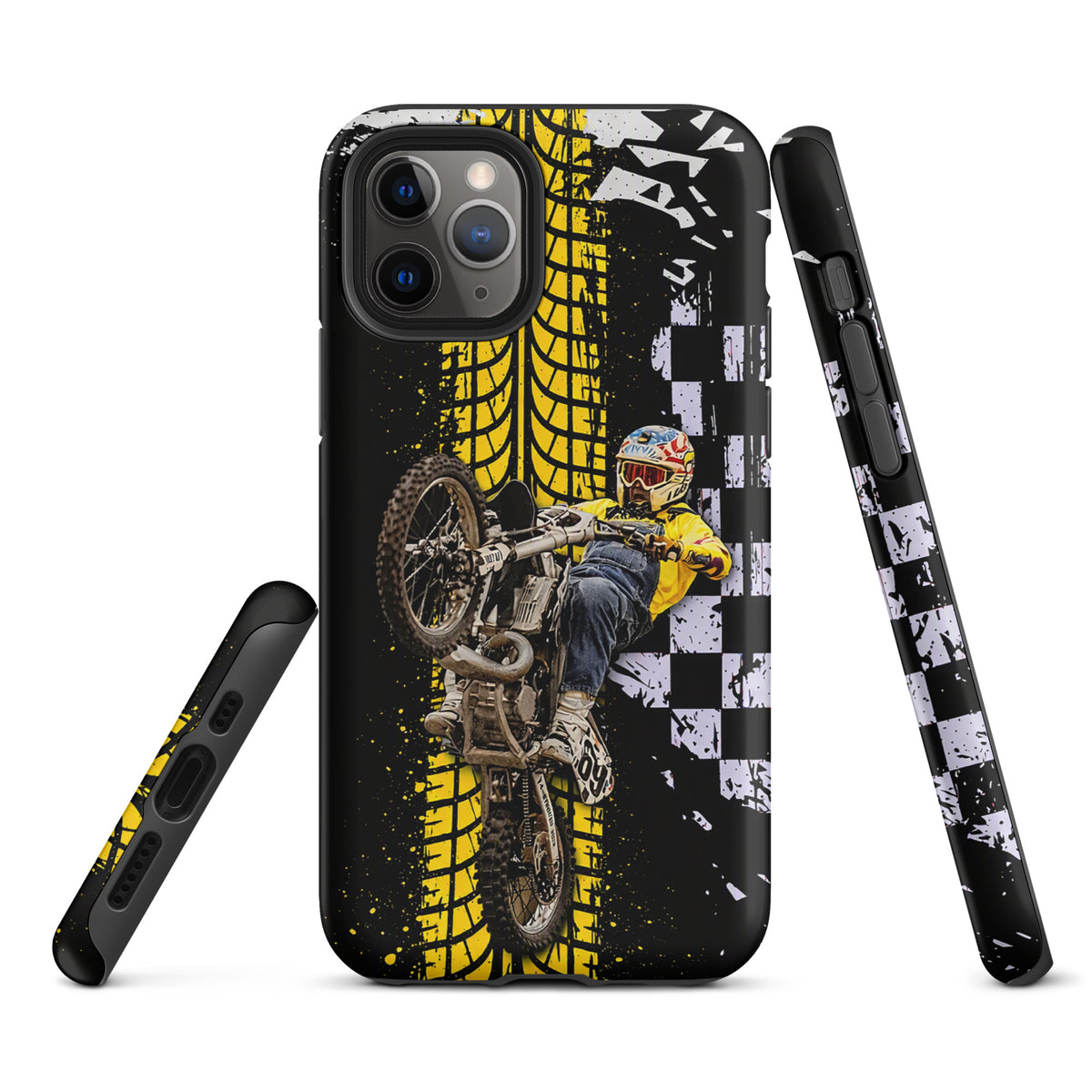 Phone Case for iPhone featuring Ronnie Mac air-wheelie design with black, white, and yellow colors, tire marks, and checkerboard pattern.