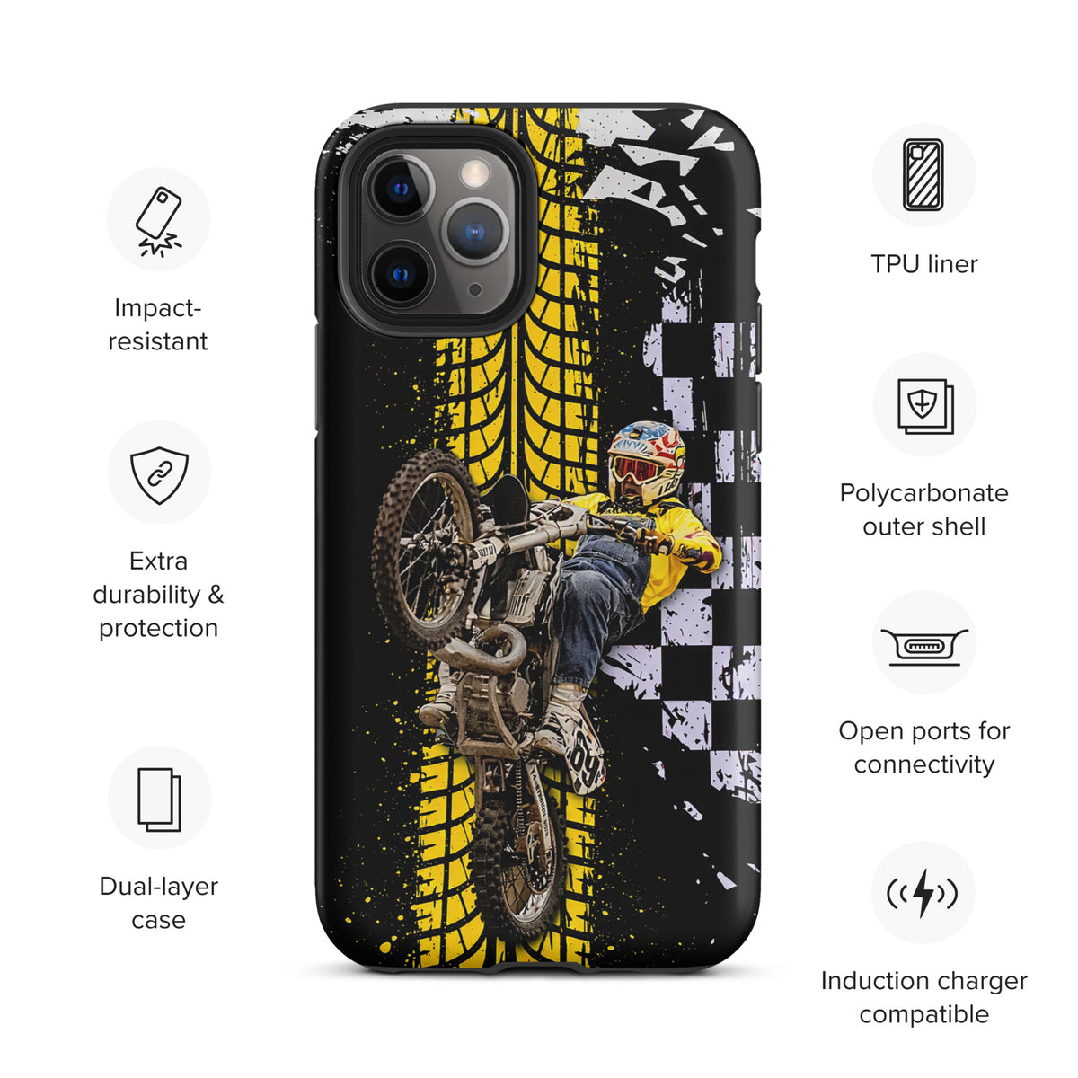Phone Case for iPhone featuring Ronnie Mac air-wheelie design with a checkerboard pattern and yellow tire for a motocross flair