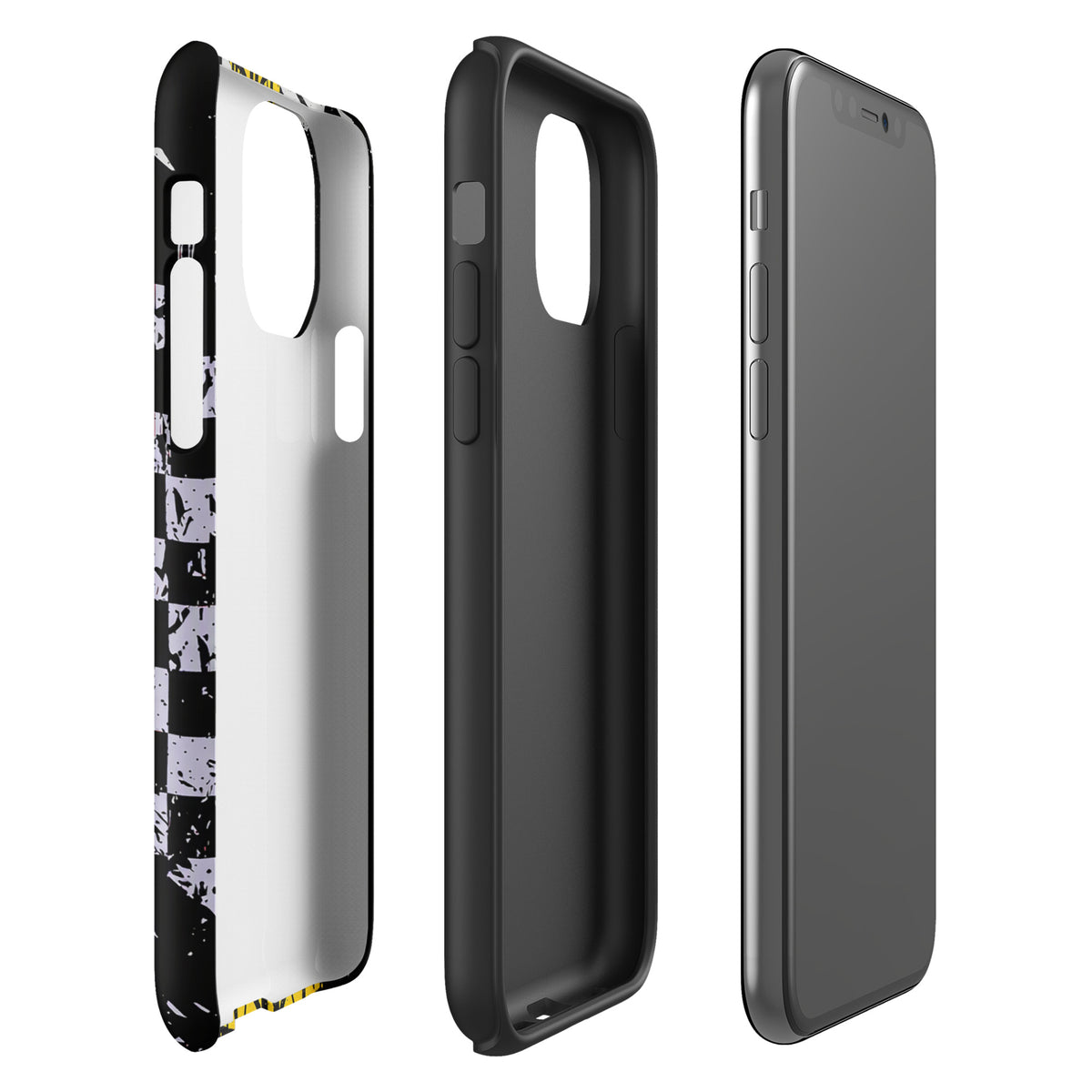 Phone Case for iPhone showcasing Ronnie Mac air-wheelie design with black and white checkerboard and yellow accents.