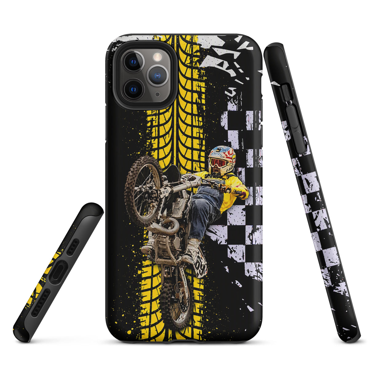Phone Case for iPhone featuring Ronnie Mac pulling an air-wheelie, with a black, white, and yellow motocross design and checkerboard pattern.