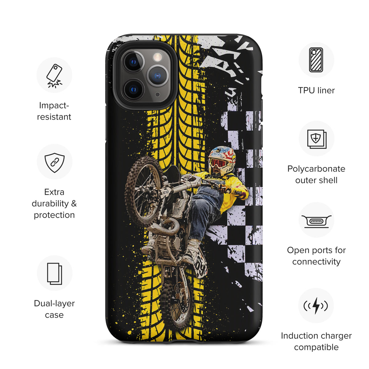 Phone Case for iPhone featuring motocross design with Ronnie Mac air-wheelie, black yellow checker pattern, durable polycarbonate.