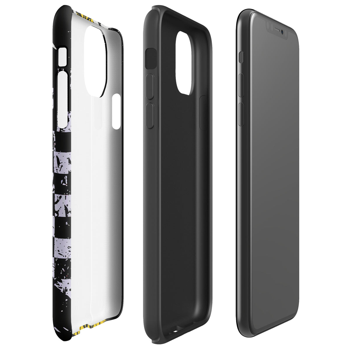 Phone Case for iPhone with Ronnie Mac air-wheelie design, showcasing black, white, and yellow colors with distressed patterns.
