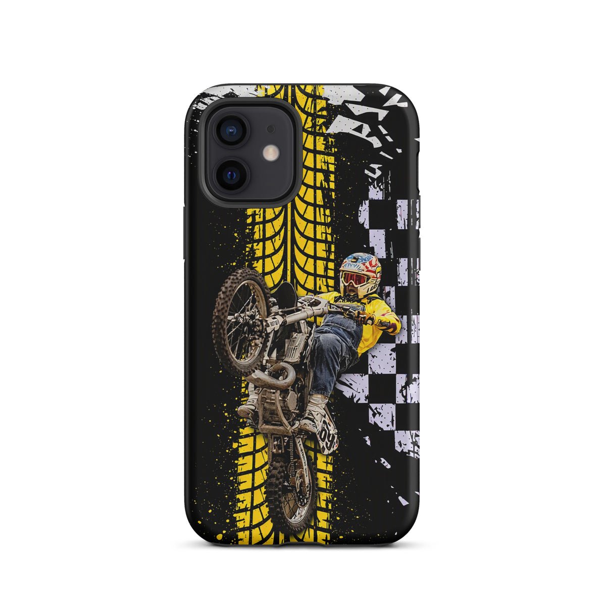 Phone Case for iPhone featuring Ronnie Mac air-wheelie design with black, white, and yellow tire pattern and checkerboard accents.