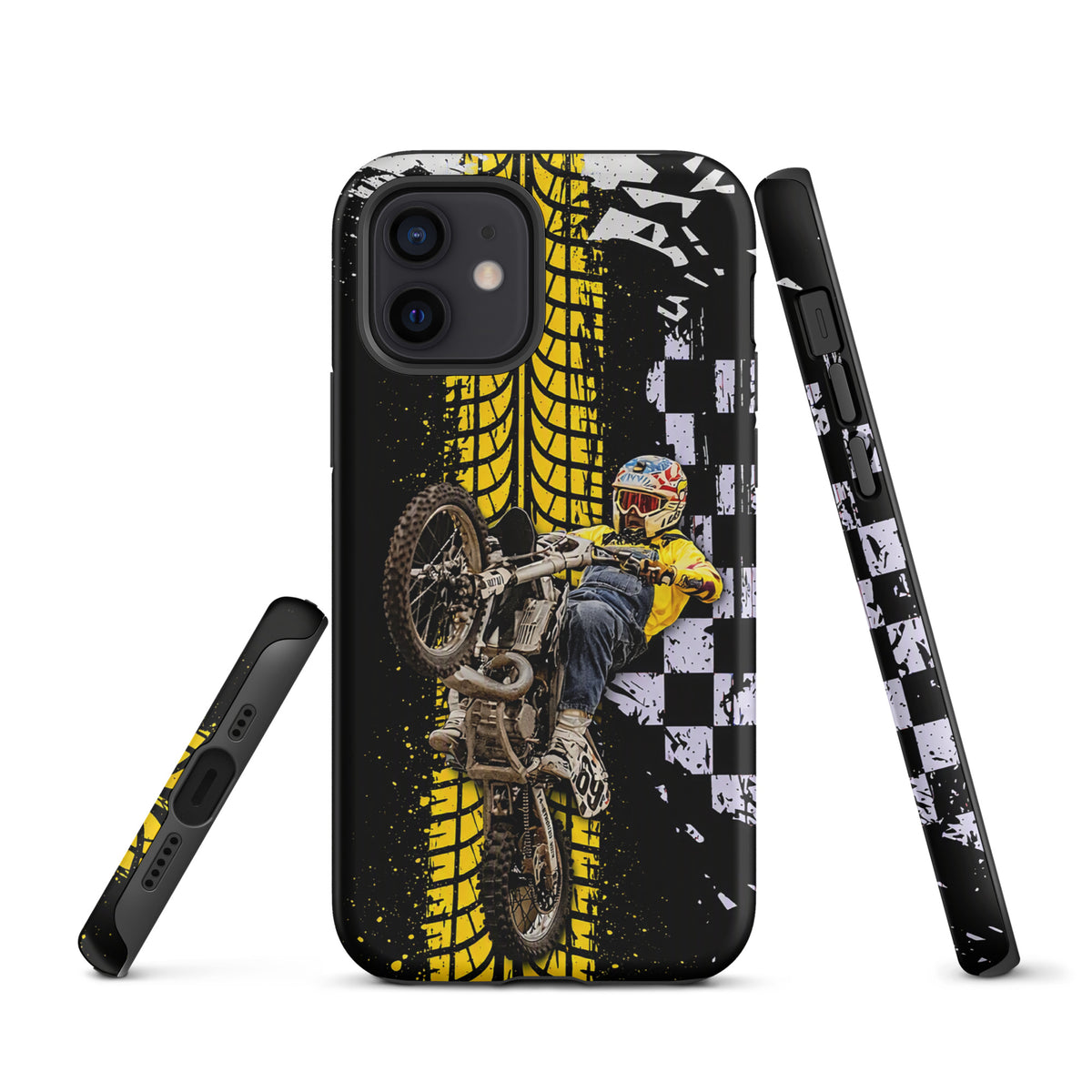 Phone Case for iPhone with Ronnie Mac air-wheelie design in black, white, yellow; features tire marks, checkerboard pattern.