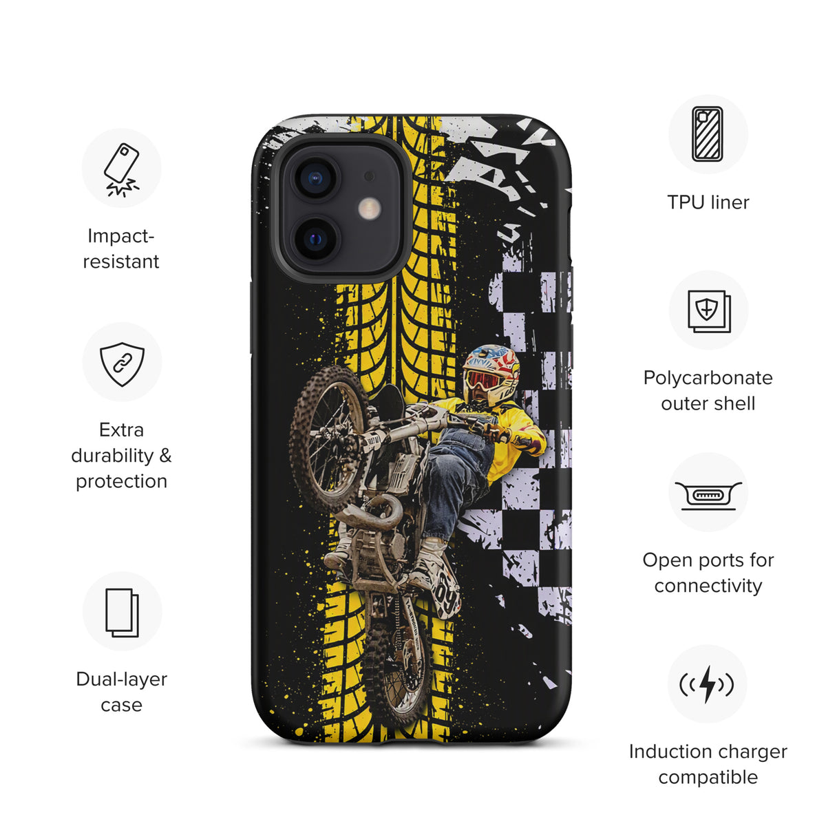 Phone Case for iPhone featuring Ronnie Mac air-wheelie design with black, white, and yellow motocross artwork and checkerboard pattern.