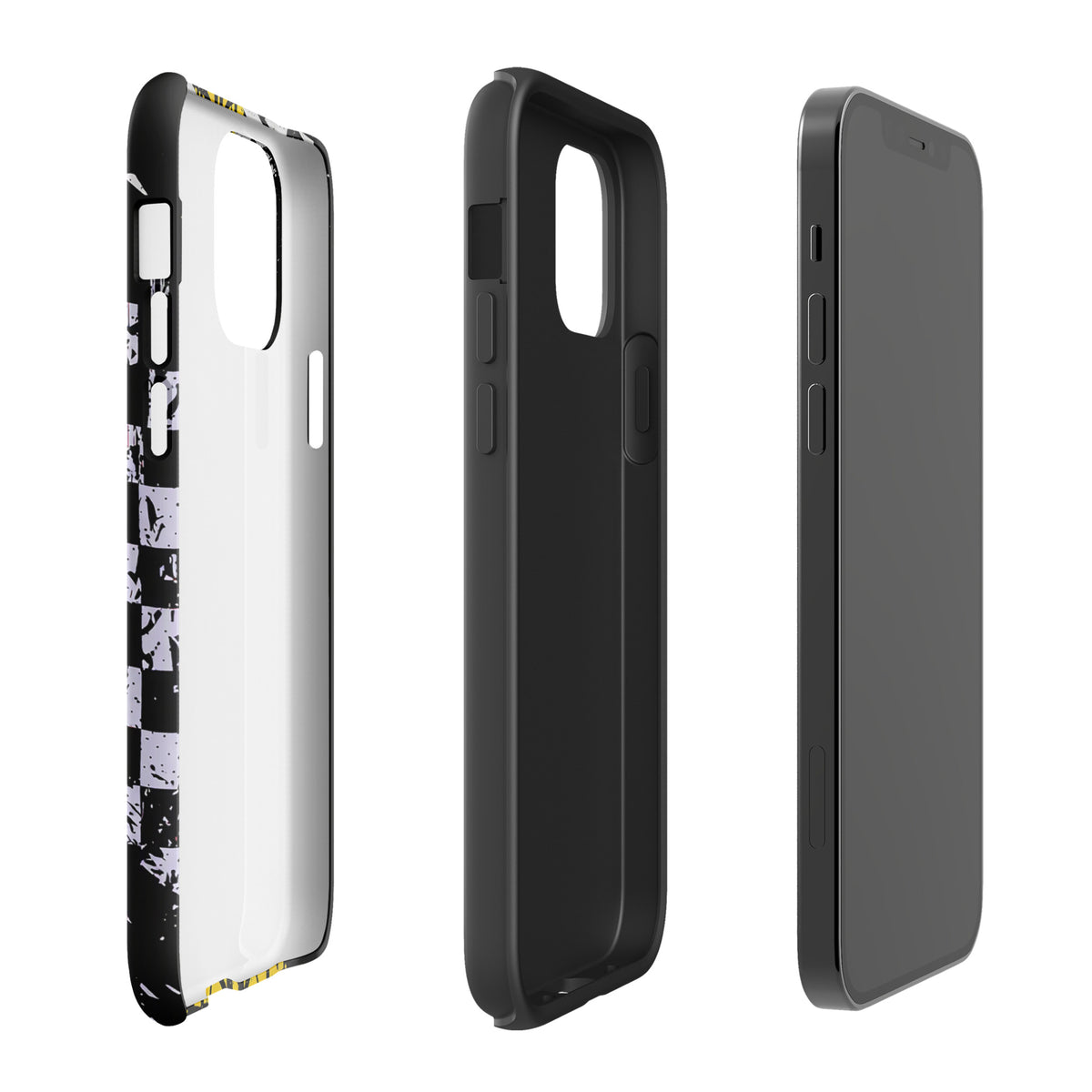 Phone Case for iPhone featuring Ronnie Mac air-wheelie design with gritty black, white, yellow colors, distressed checkerboard pattern.
