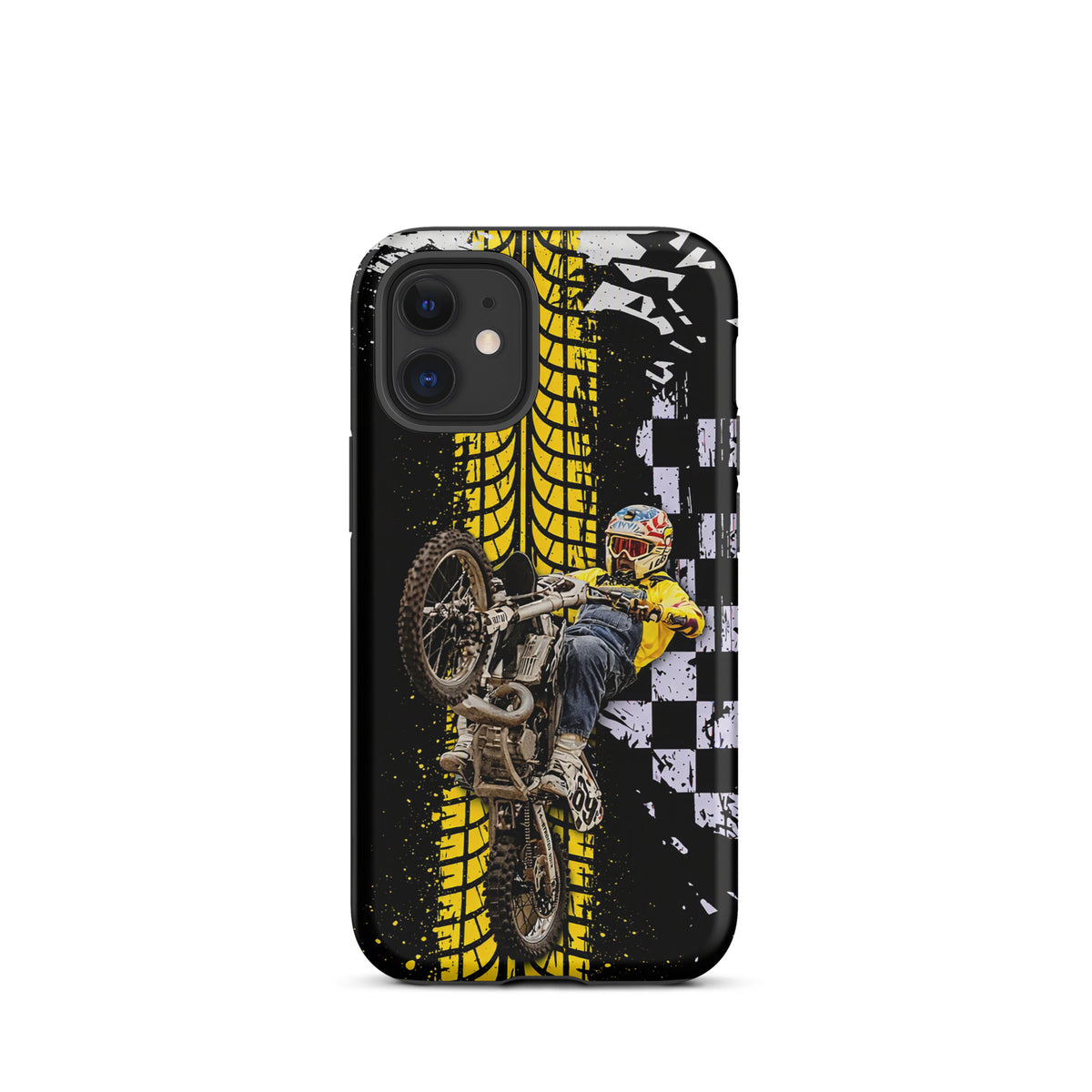 Phone Case for iPhone featuring Ronnie Mac air-wheelie and yellow tire design with checkerboard pattern and paint splatters.