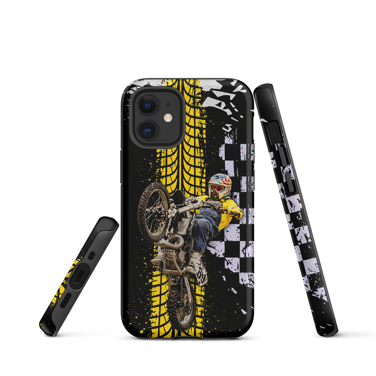 Phone Case for iPhone featuring Ronnie Mac air-wheelie design with motocross artwork in black, white, and yellow checkerboard pattern.