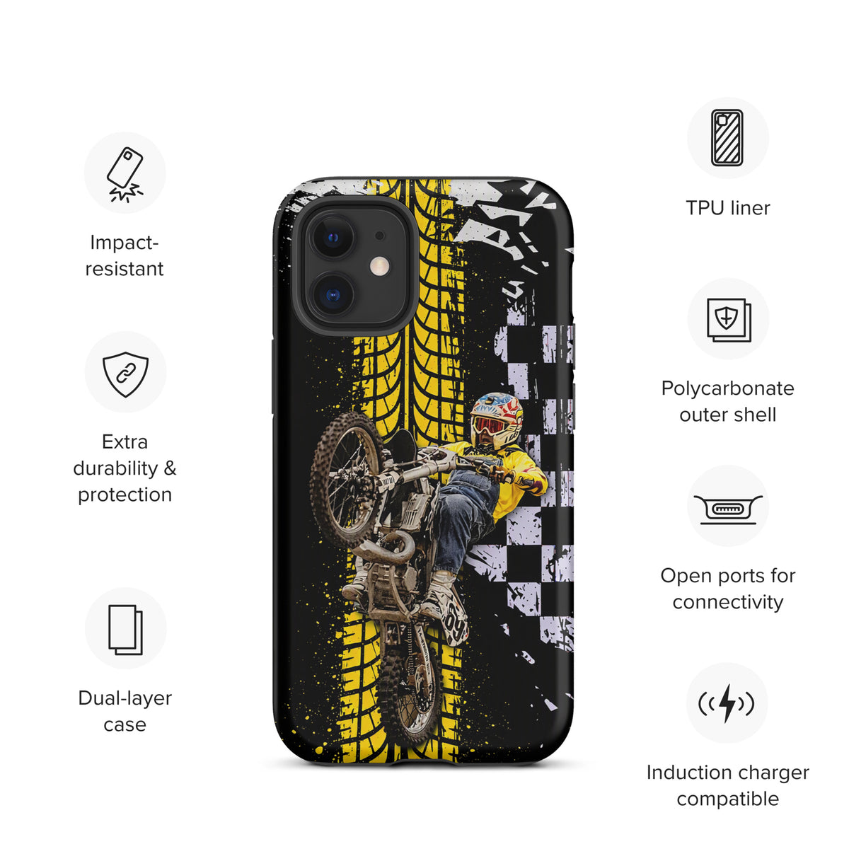 Phone Case for iPhone featuring Ronnie Mac air-wheelie design in black, white, yellow with distressed checkerboard pattern.