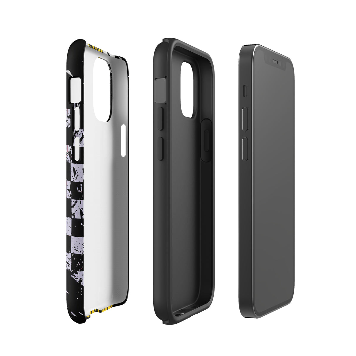 Phone Case for iPhone featuring Ronnie Mac air-wheelie design, checkerboard pattern, and yellow accents shown in three perspectives.