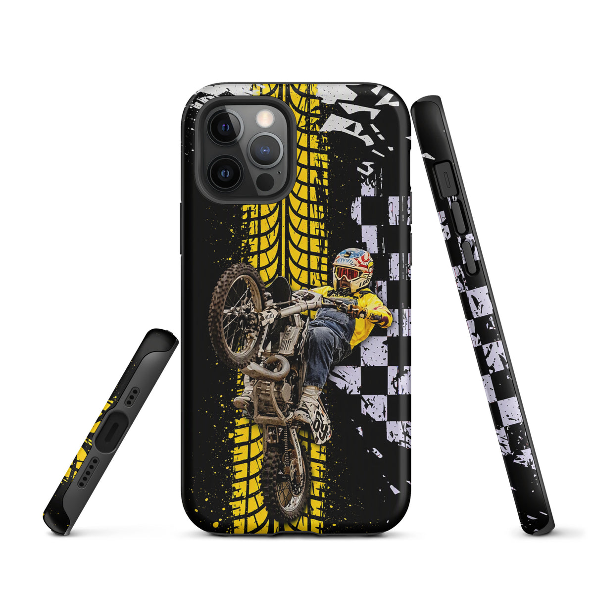 Phone Case for iPhone with Ronnie Mac air-wheelie design and motocross elements in black, white, and yellow.