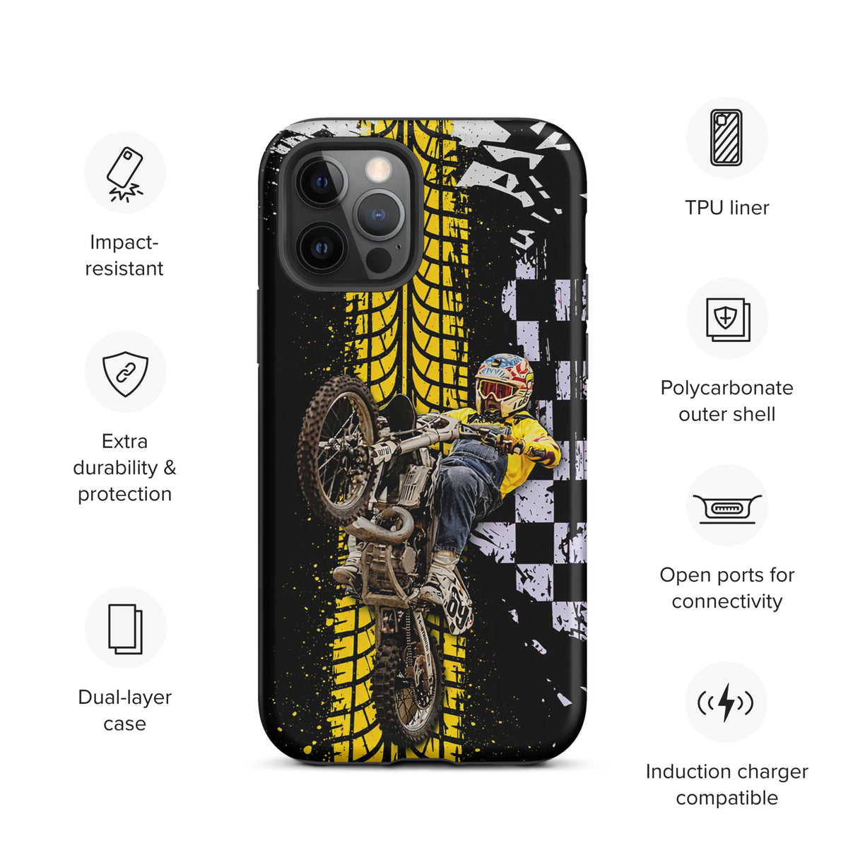 Phone Case for iPhone featuring Ronnie Mac air-wheelie design, black white yellow color, checkerboard pattern, high-flying motocross style.