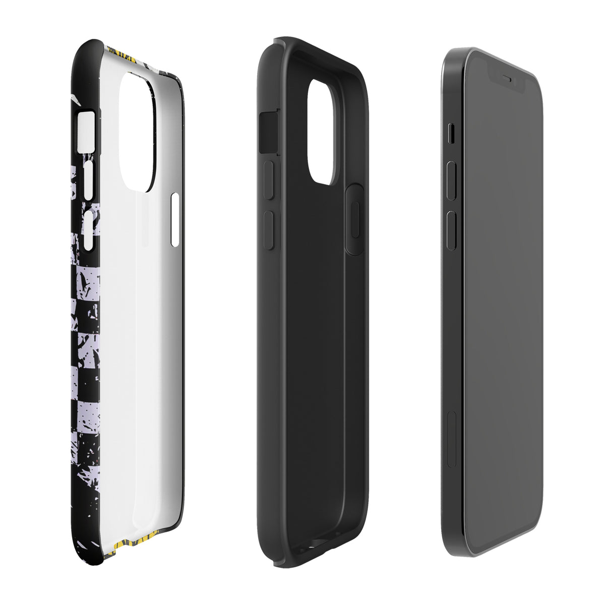 Side and back view of Phone Case for iPhone featuring Ronnie Mac air-wheelie design with checkerboard pattern and yellow tire accents.