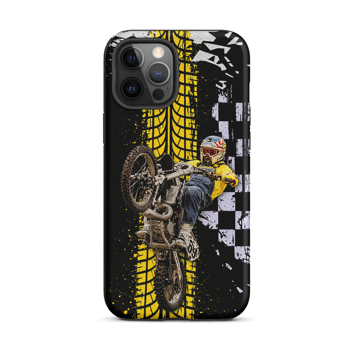 Phone Case featuring Ronnie Mac air-wheelie design with checkered pattern and yellow tire marks for iPhone