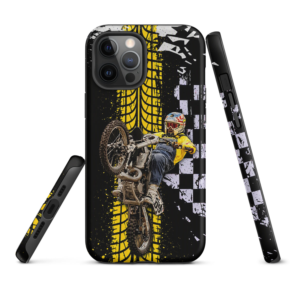 Phone Case for iPhone featuring Ronnie Mac air-wheelie with checkerboard and yellow tire design.