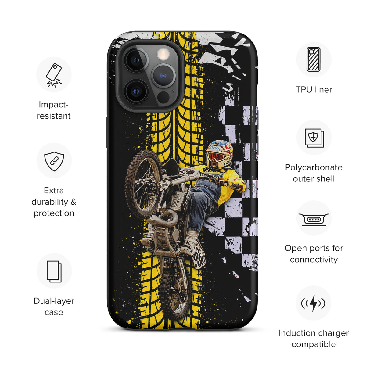 Phone Case for iPhone featuring Ronnie Mac air-wheelie design with checkerboard and tire prints, highlighting extra protection features.