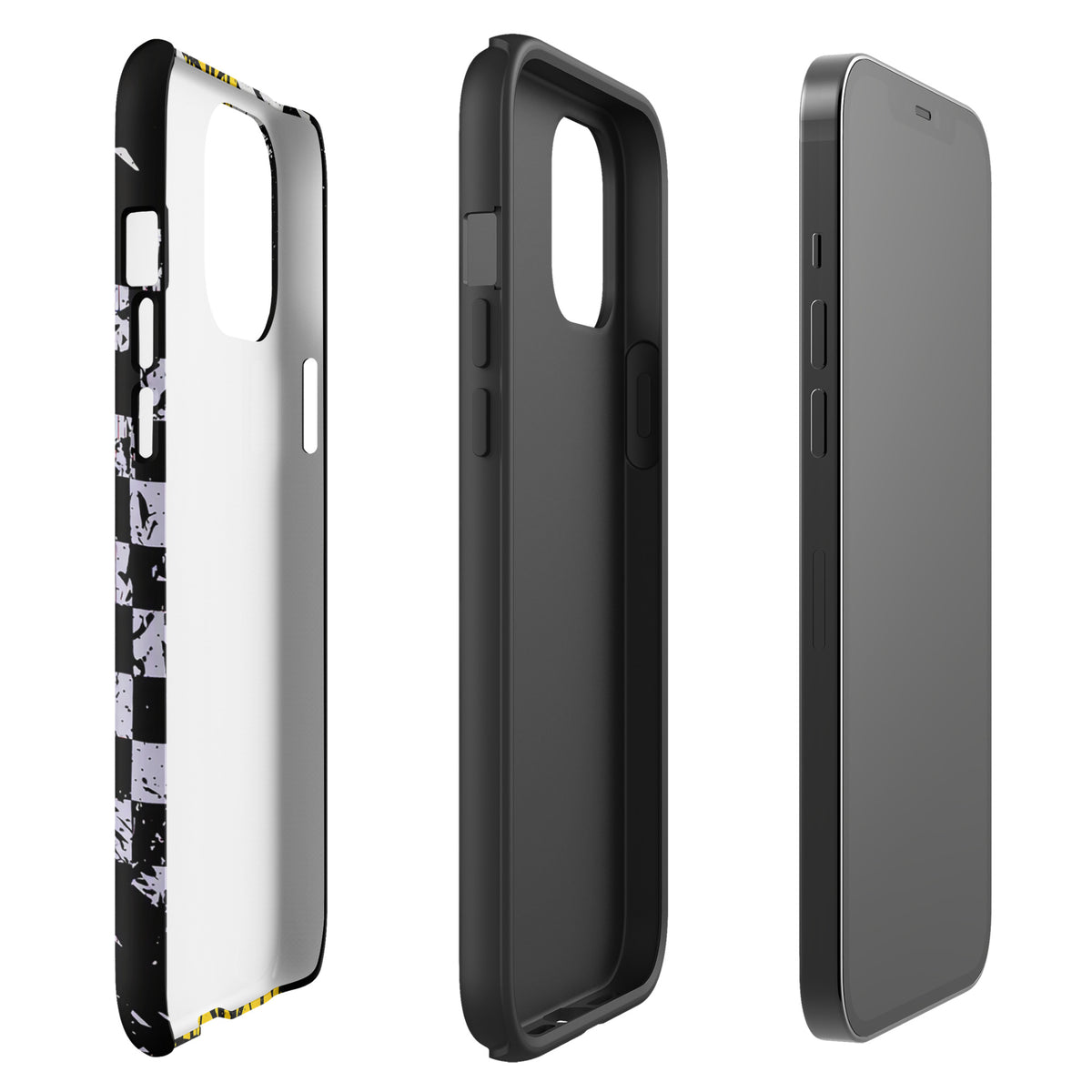 Phone Case for iPhone with Ronnie Mac air-wheelie design, featuring checkerboard and paint splatter graphics. Model xx221.