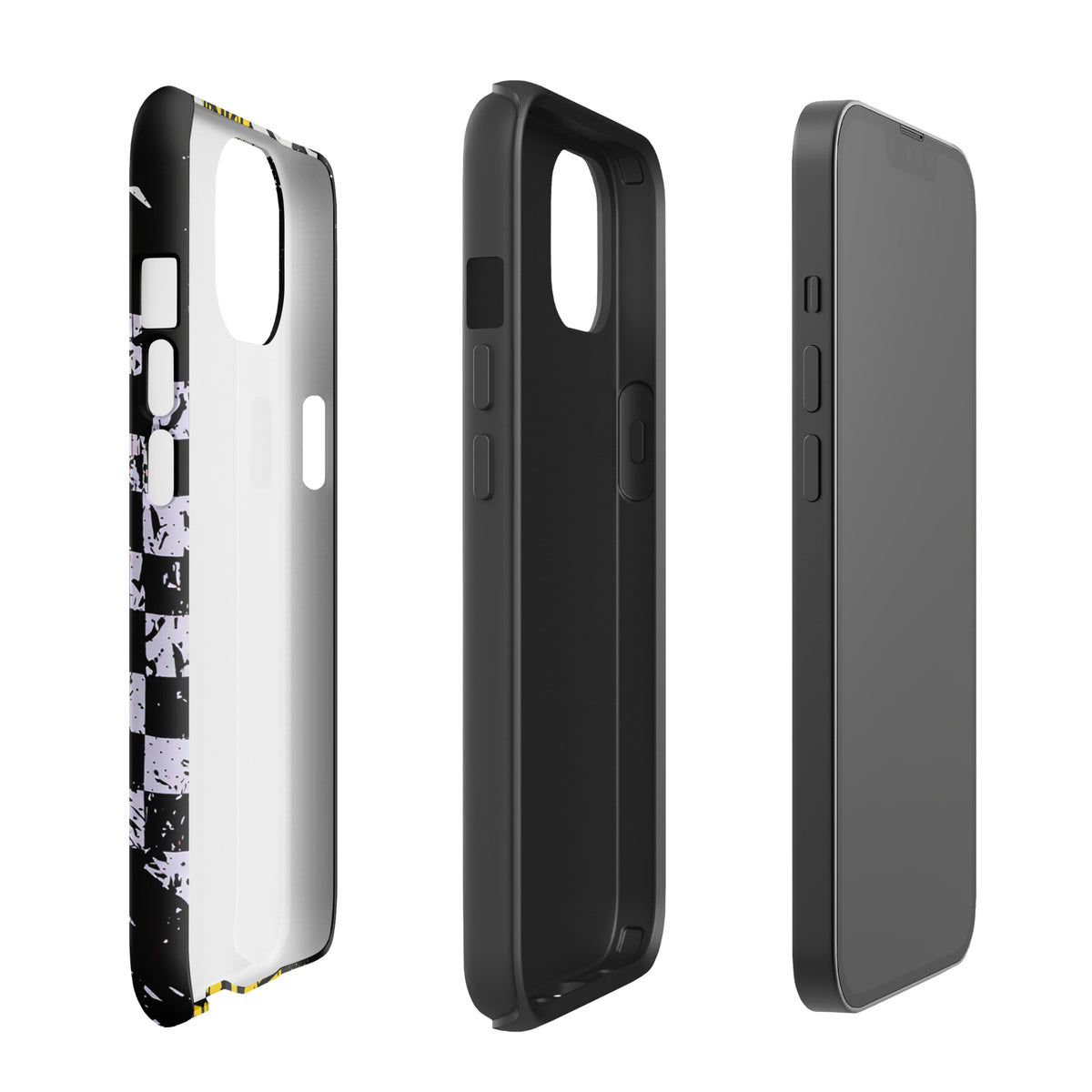 Phone Case for iPhone with Ronnie Mac air-wheelie design in black, white, and yellow with distressed checkerboard and paint splatter.