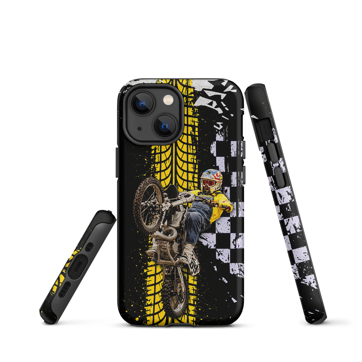 Phone Case for iPhone with Ronnie Mac air-wheelie design in black, white, yellow with tire marks and checkerboard pattern