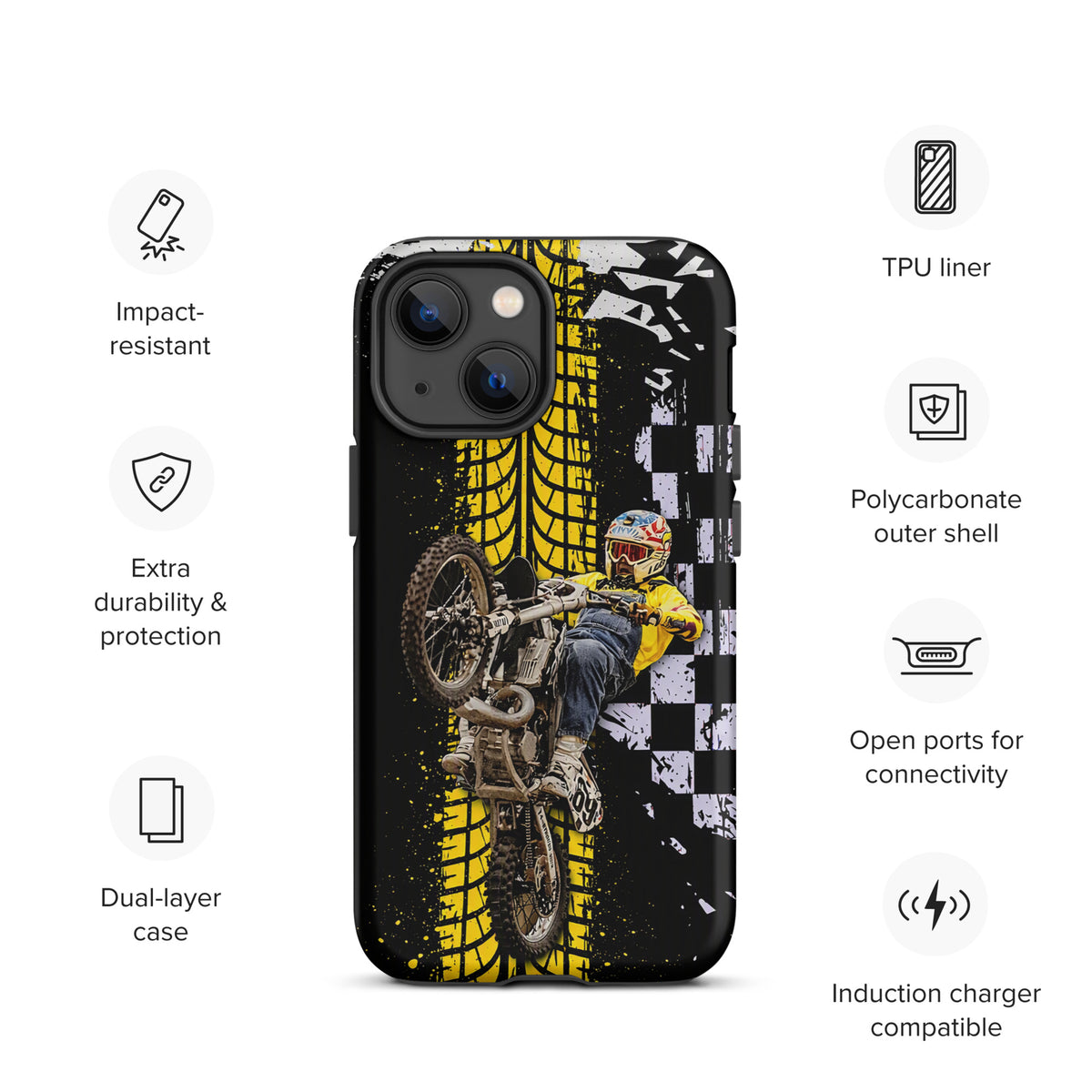 Phone Case for iPhone featuring Ronnie Mac air-wheelie design with checkerboard and yellow tire patterns, impact-resistant and durable.