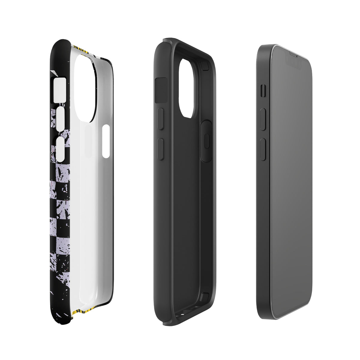 Phone Case for iPhone featuring Ronnie Mac air-wheelie design with black, white, and yellow checkerboard and paint splatter.