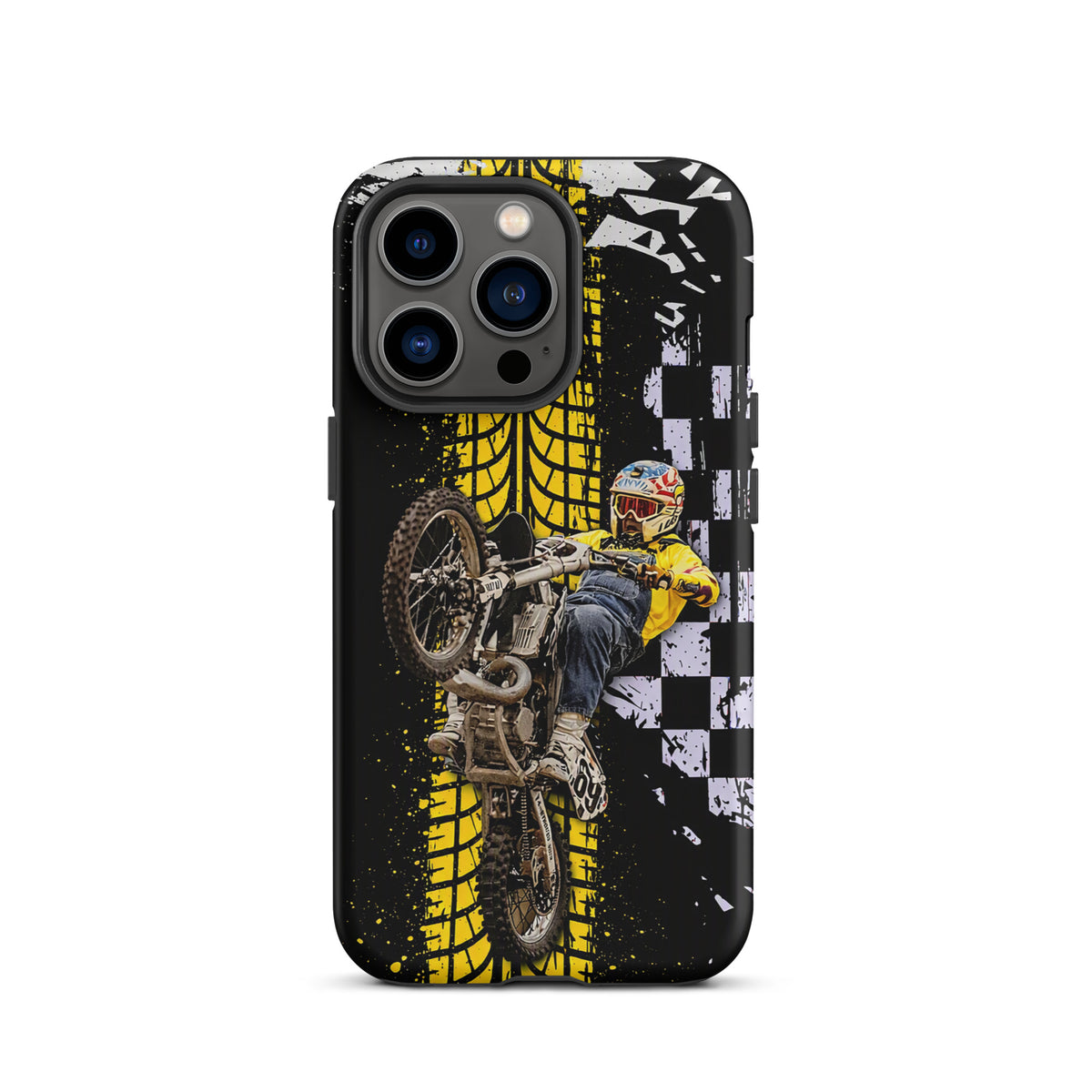 Phone Case for iPhone featuring Ronnie Mac air-wheelie design with motocross and checkerboard pattern in black, white, yellow.