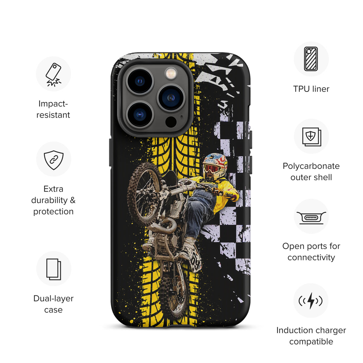 Phone Case for iPhone with Ronnie Mac Air-Wheelie design, featuring black, white, and yellow checkerboard and tire pattern.
