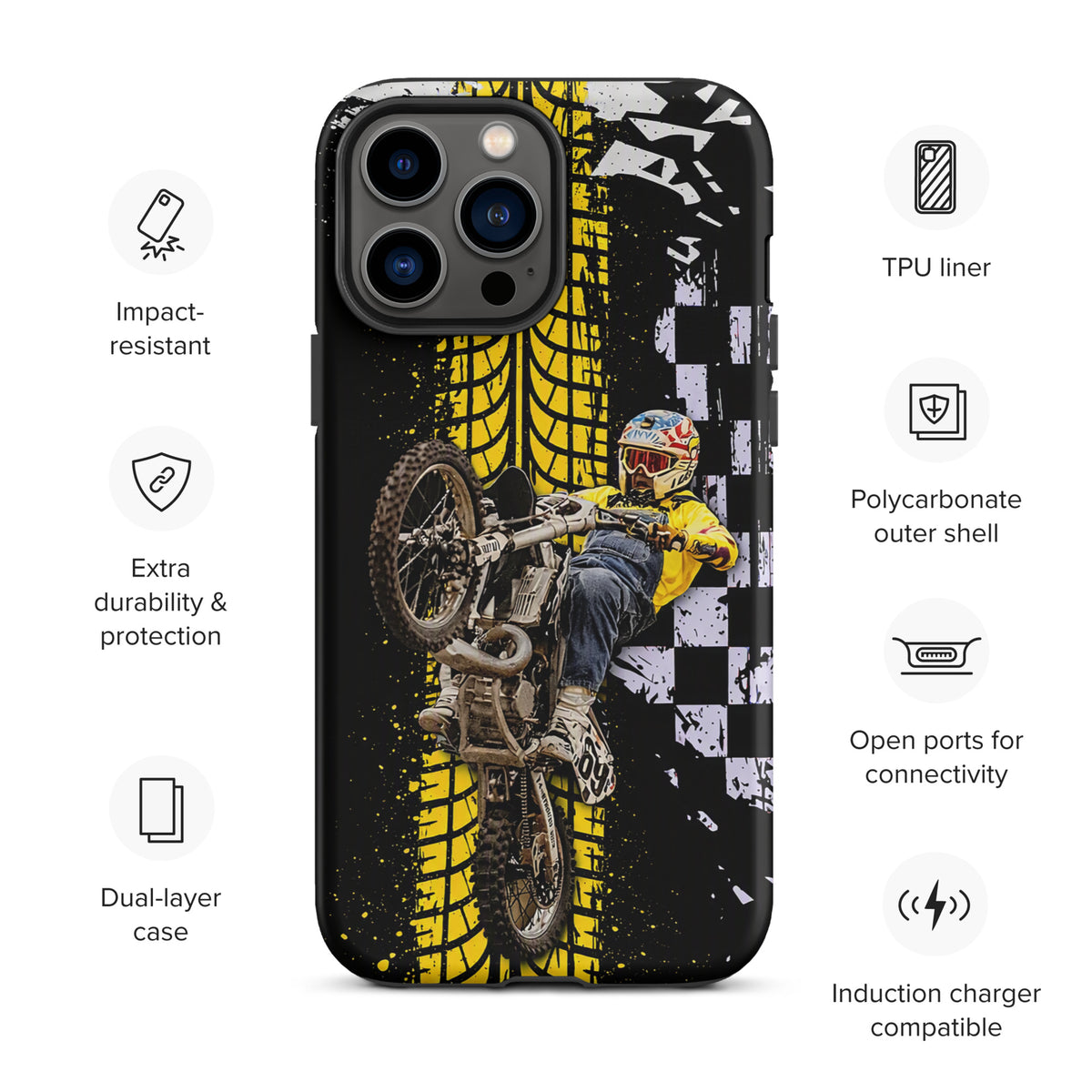 Phone Case featuring Ronnie Mac air-wheelie design with black, white, yellow pattern and tire tread for iPhone protection.