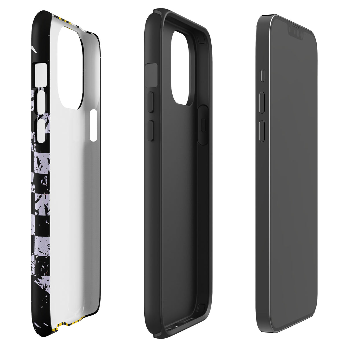 Phone Case for iPhone with Ronnie Mac air-wheelie design, featuring black, white, yellow colors, and distressed checkerboard pattern.
