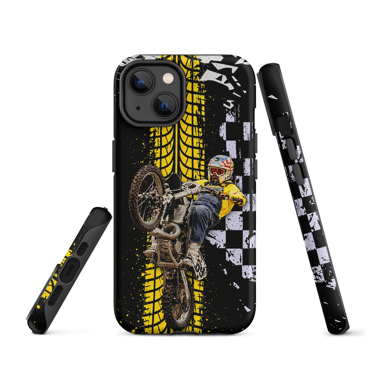 Phone Case for iPhone with Ronnie Mac air-wheelie design, featuring checkerboard pattern and yellow tire track on black background.
